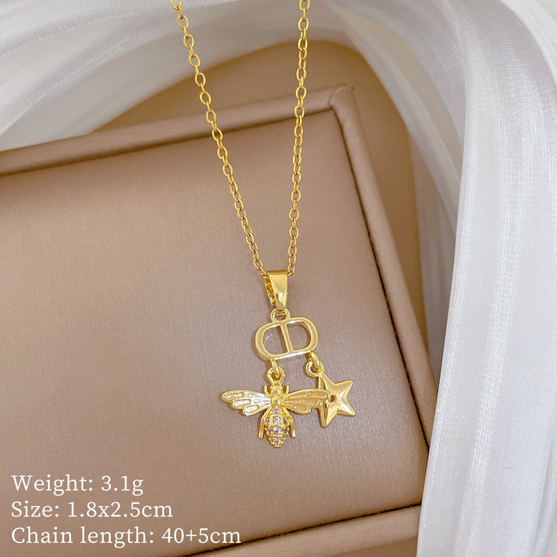 Sweet Minimalist Star Bee Rhinestone Pendant Titanium Steel Necklace for Unisex