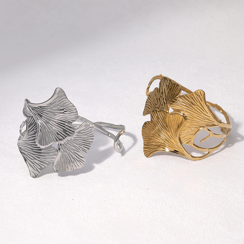 Minimalist Ginkgo Leaf Shaped Stainless Steel Bracelet with 18K Gold Plating for Women