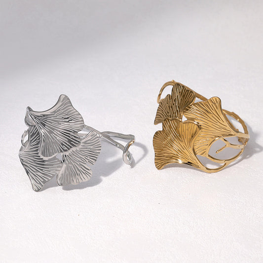 Minimalist Ginkgo Leaf Shaped Stainless Steel Bracelet with 18K Gold Plating for Women