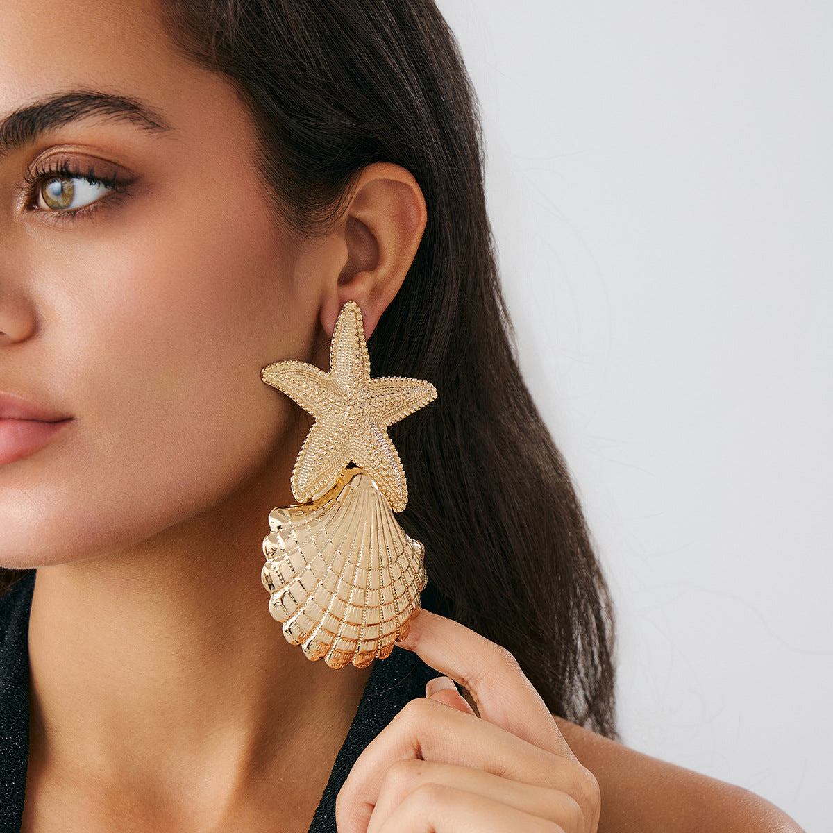 Collar con dije de estrella de mar y conchas marinas, collar con colgante en Y de aleación con acabado chapado, joyería estilo bohemio con temática oceánica para mujer