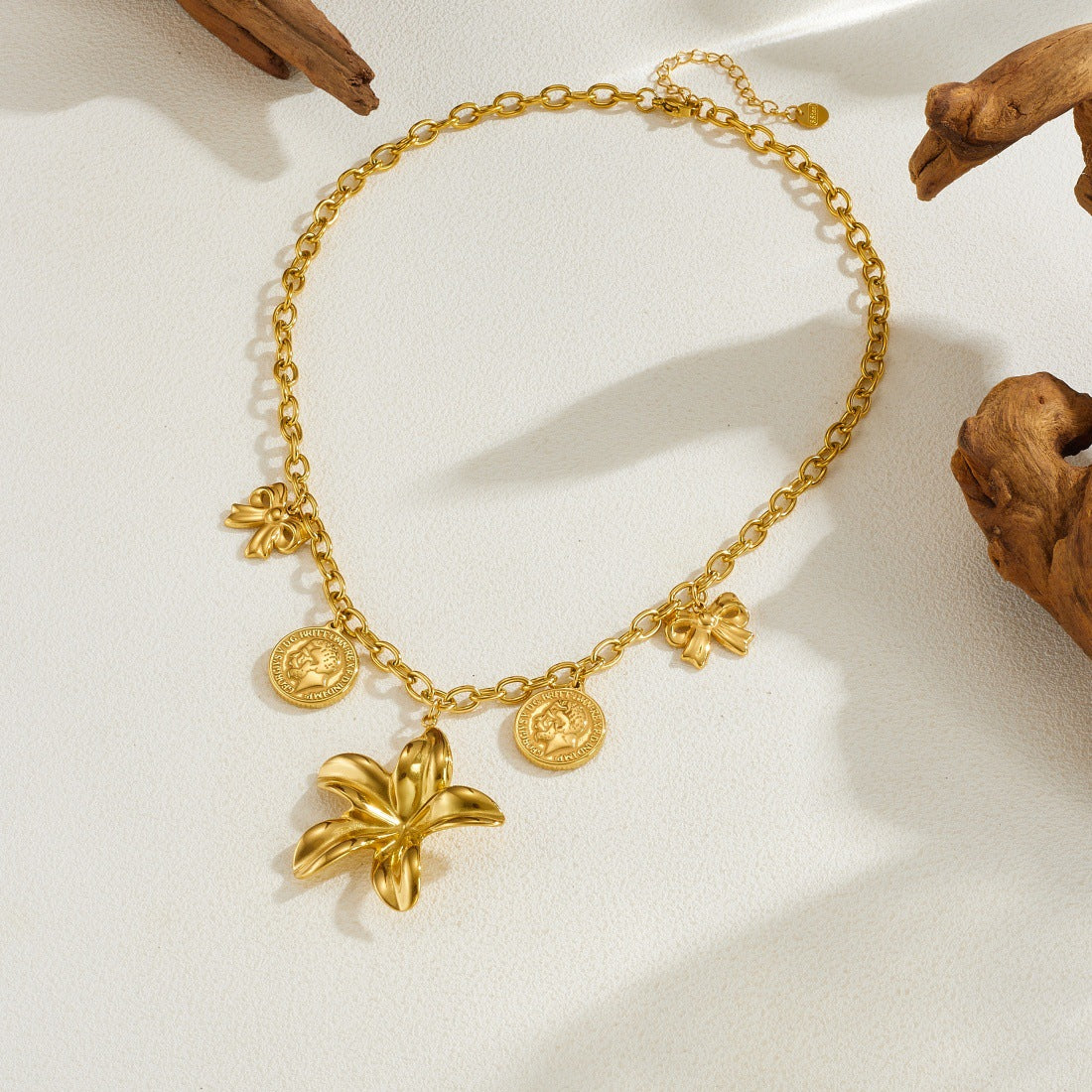 Chic Gold Plated Floral Bow Stainless Steel Pendant Necklace with Cable Chain