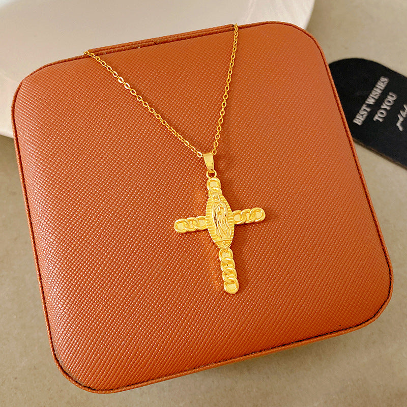Sporty Sweet 18K Gold Plated Cross Titanium Steel Necklace with Cubic Zirconia for Women