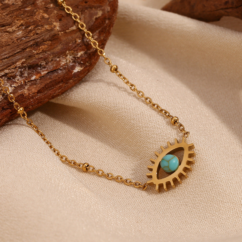 Collana da donna con ciondolo a occhio turchese piccolo, geometrico minimalista, in acciaio inossidabile placcato oro 18 carati