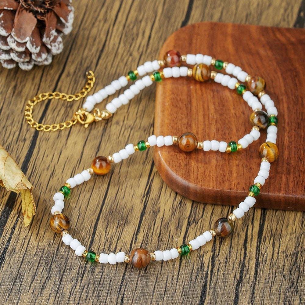 Bohemian Geometric Wood Beaded Necklace with Turquoise Inlay Cable Chain Unisex