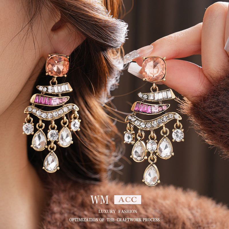 Vintage Drip-Shaped Geometric Alloy Earrings with Rhinestone Inlay, Stainless Steel Post, Elegant Court-Inspired Luxury Ear Jewelry for Women