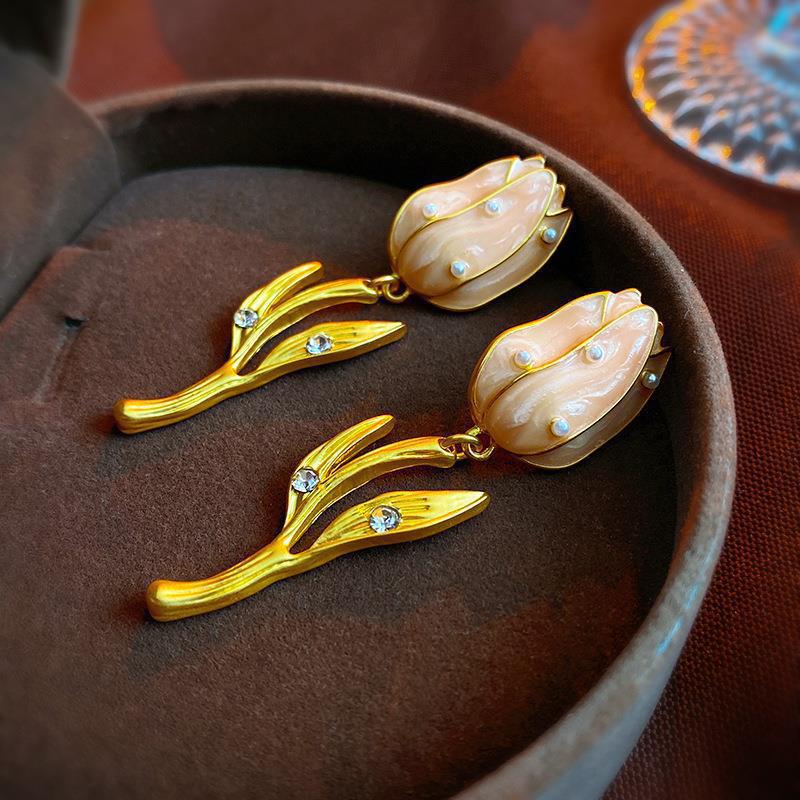 Vintage Floral and Geometric Enamel Earrings for Women with Gold-Plated Brass Base and Stainless Steel Posts