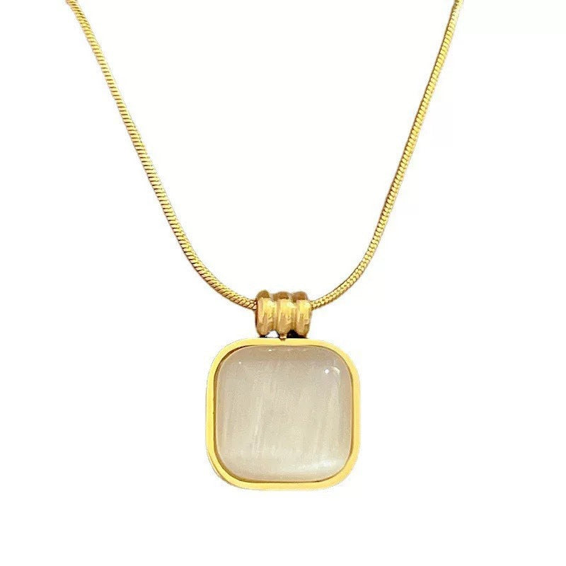 Minimalist Geometric Cat's Eye Stone Necklace in Titanium Steel with Plated Finish for Women