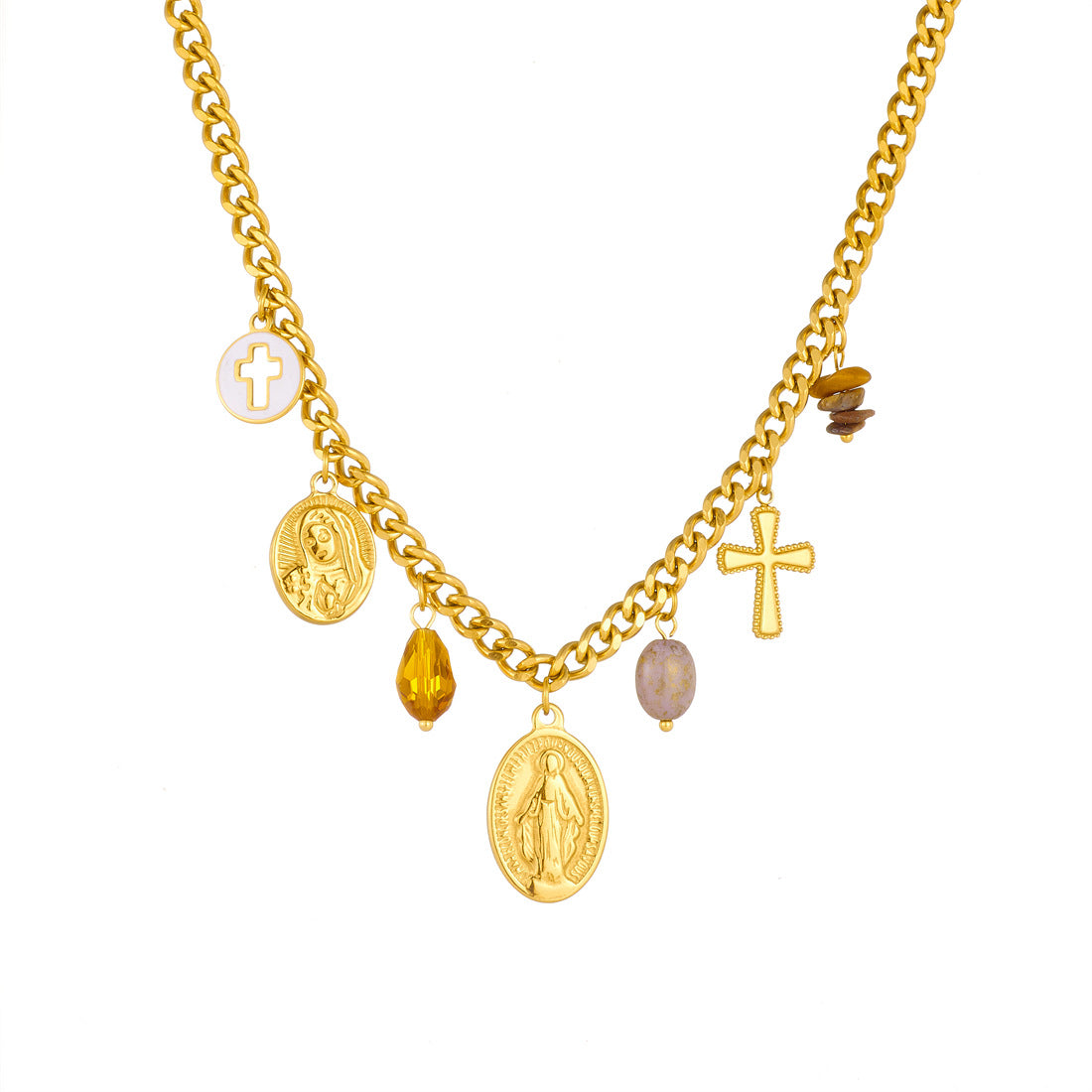 18K Gold Plated Oval Cross Relief Pendant Stainless Steel Serpentine Chain Jewelry Set for Women
