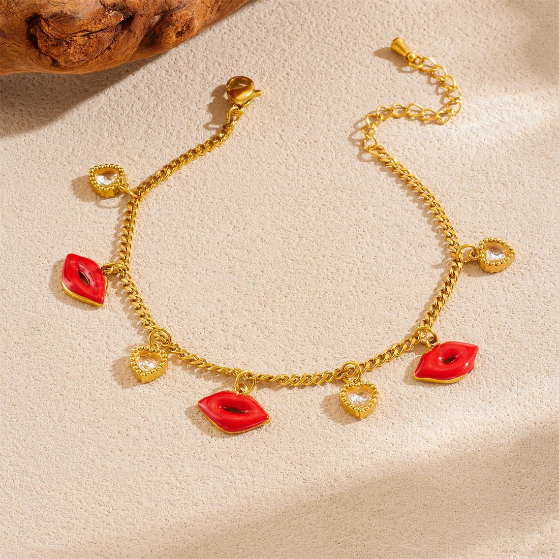 Minimalist Geometric Butterfly Lip Drip Oil Rhinestone Stainless Steel Bracelet with Fine Chain