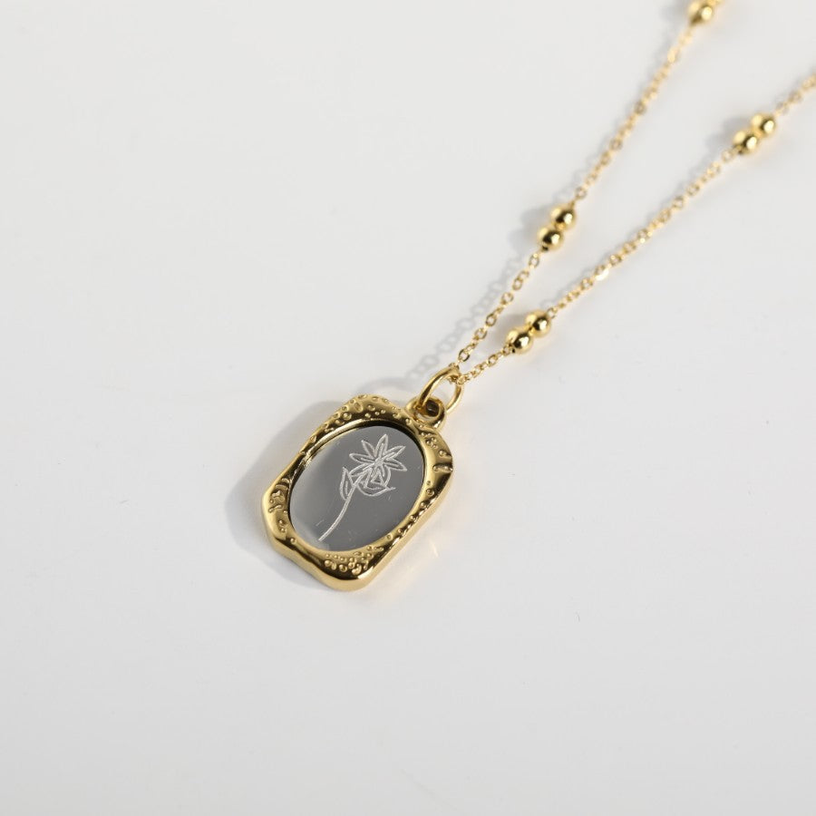 Vintage French Rose Flower Pendant Necklace 18K Gold Plated Titanium Steel Double Layer Beaded Chain