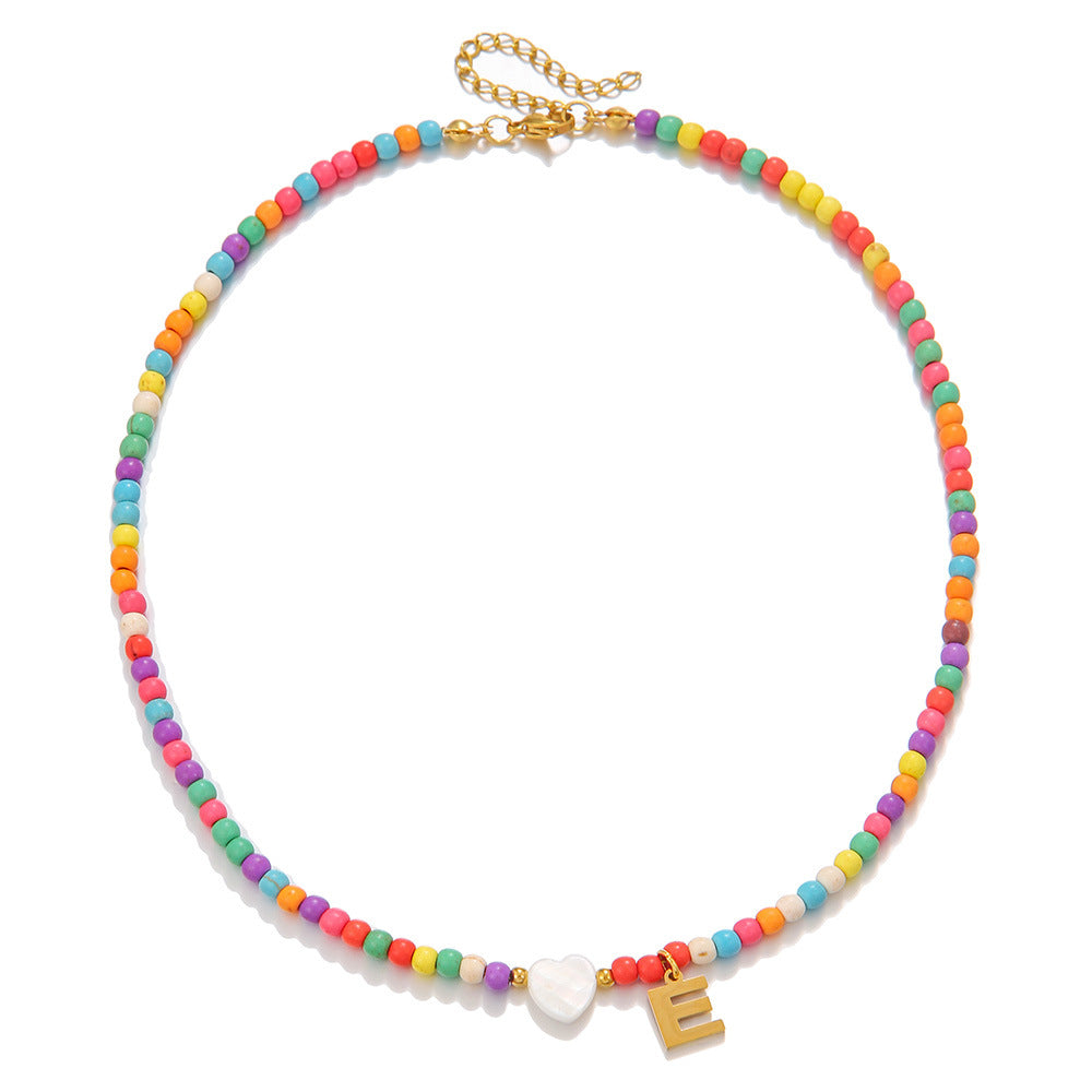 Minimalist Stainless Steel Letter Heart Necklace with Turquoise Inlay Cable Chain Unisex DIY Charm Bar