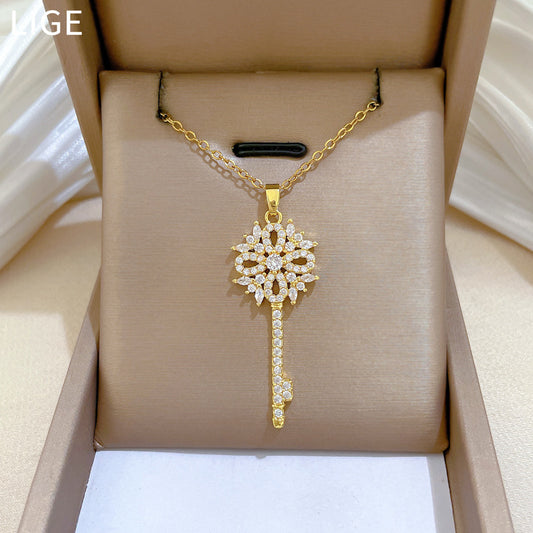 Sweet Minimalist Floral Geometric Rhinestone Pendant Titanium Steel Necklace for Unisex