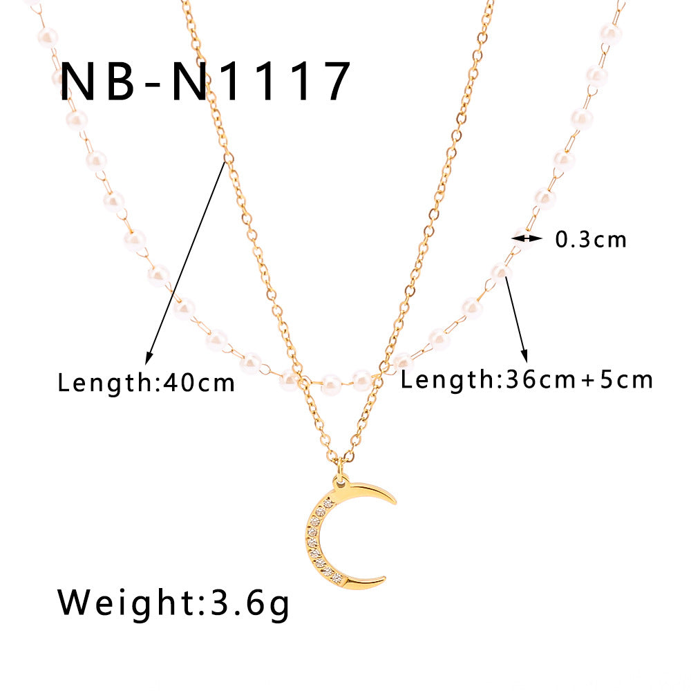 Minimalist Double-Layer O-Chain Pearl Moon Pendant Necklace for Women with Titanium Steel Pendant and 18K Vacuum Plated Finish