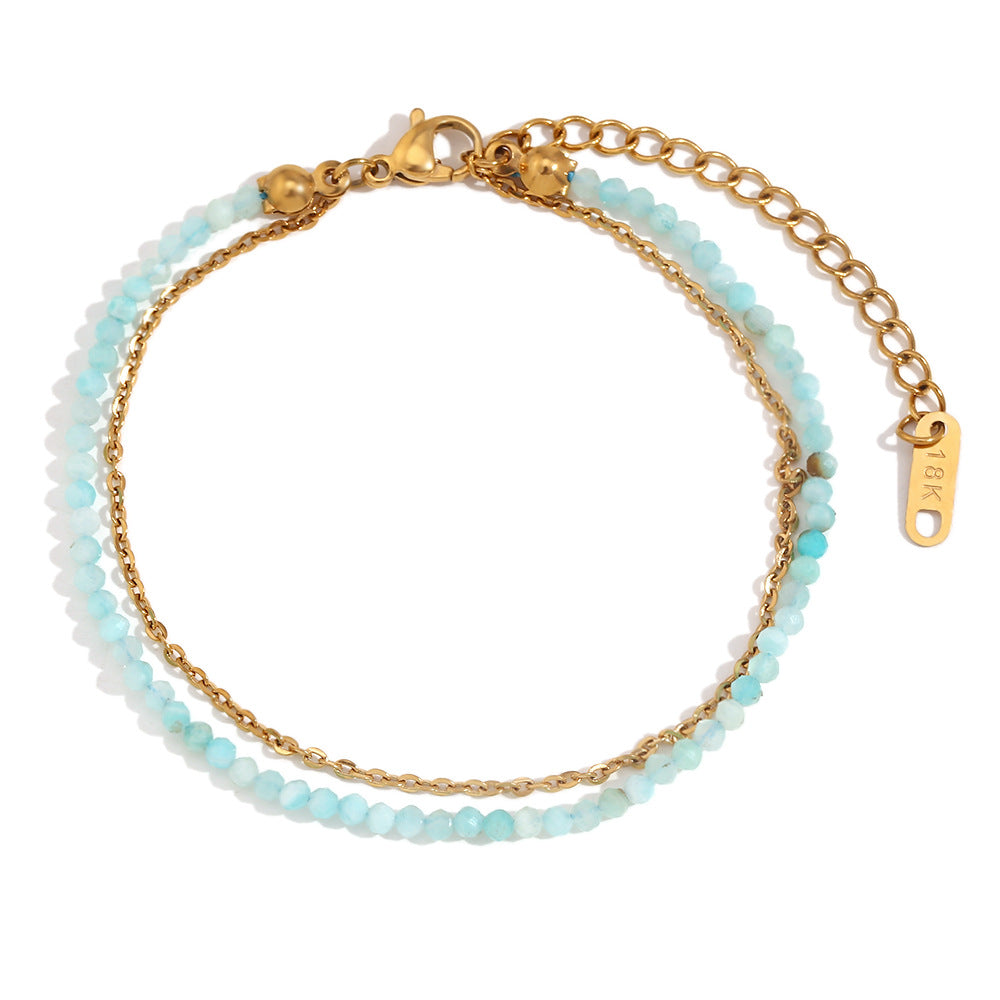 Fashion Geometric Stainless Steel Plated 18K Gold Turquoise Double Layer Anklet for Women