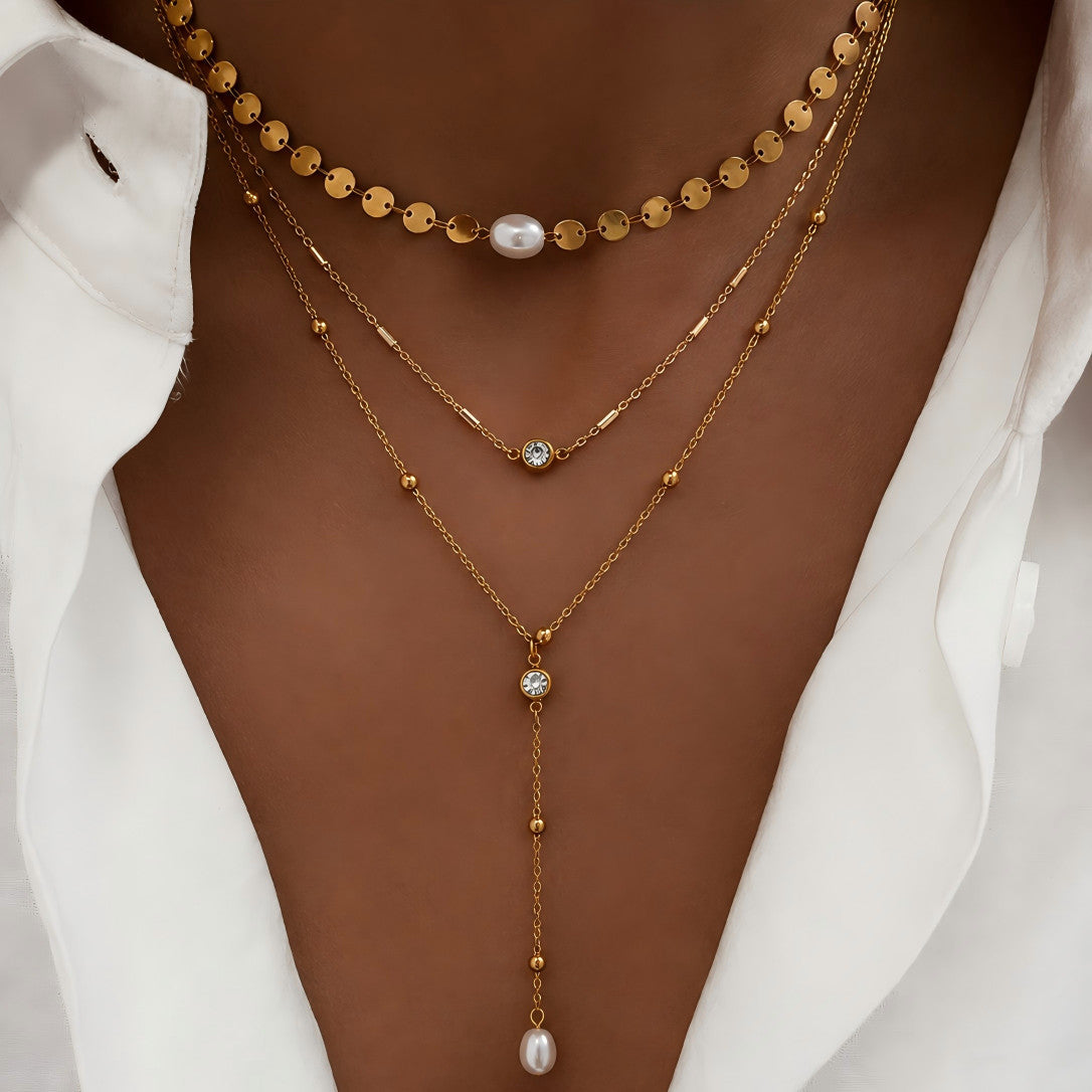 Minimalist PVD Coated Stainless Steel Y-Shape Necklace with Faux Pearl Pendant and Cubic Zirconia Inlay