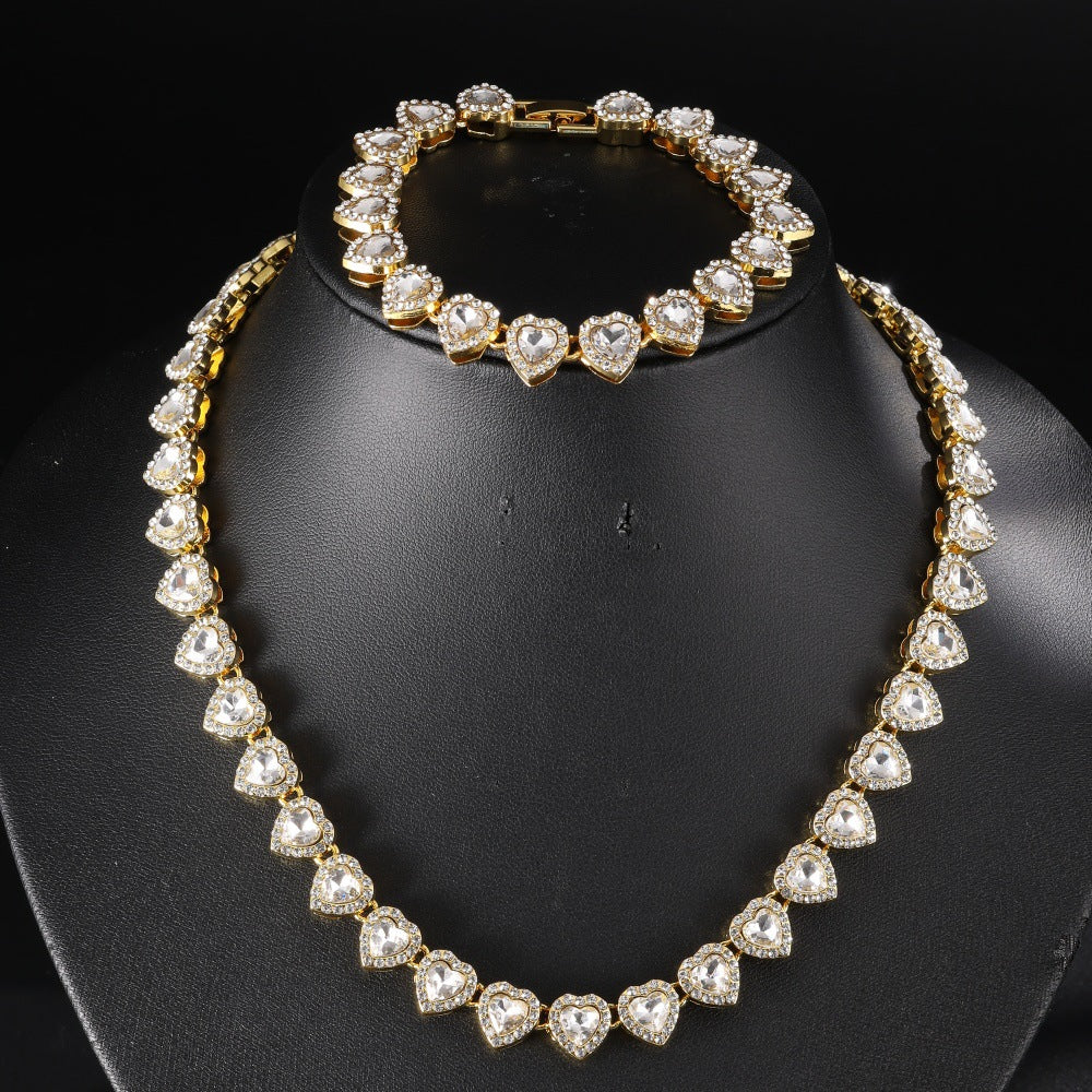 Luxury Heart Shape Brass Cuban Link Chain Necklace Set with Cubic Zirconia Inlay for Unisex
