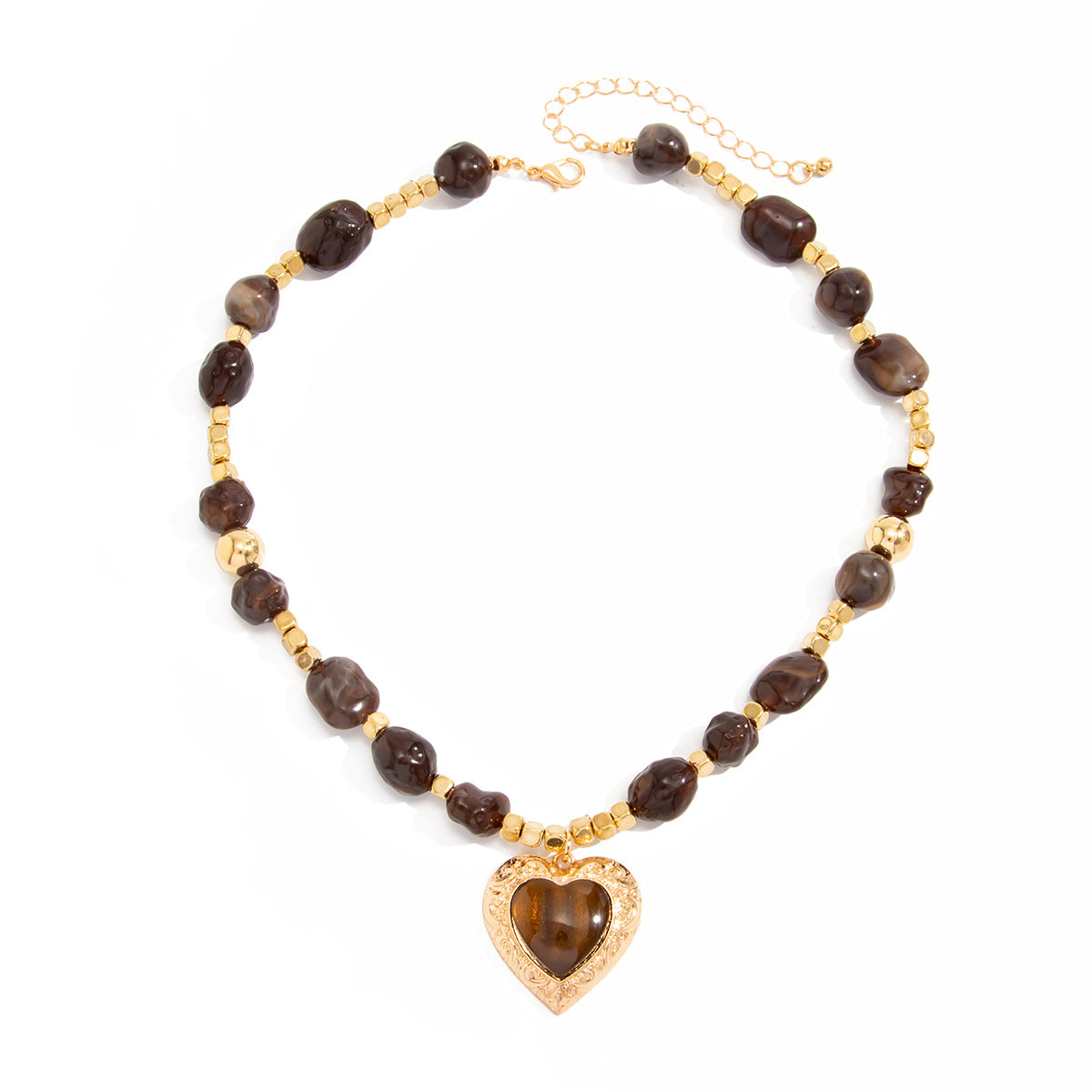 Vintage Heart Gemstone Inlay Zinc Alloy Pendant Resin Beaded Necklace