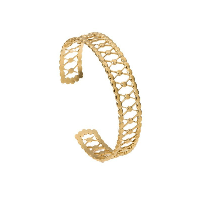 Minimalist French Vintage Titanium Steel Bracelet with 18K Gold Plating and Hollow-Out Design Stainless Steel Bangle