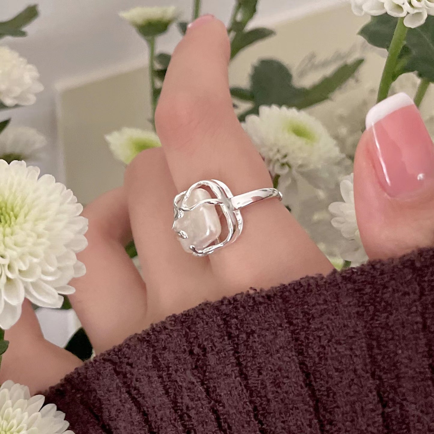 Minimalist French Style Heart-Shaped 925 Sterling Silver Ring with Pearl Inlay for Women