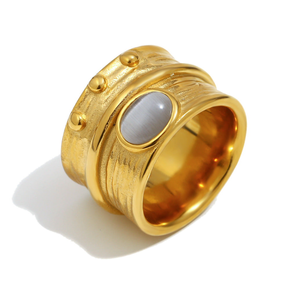 Anello Vintage Stile Old Money Geometrico in Acciaio Inossidabile Placcato Oro 18K con Accento in Pietra Occhio di Gatto da Donna
