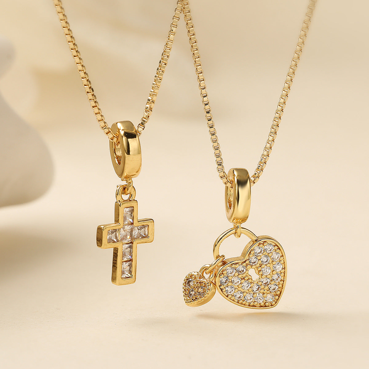 Minimalist Gold Plated Brass Cross and Heart Cubic Zirconia Pendant Necklace for Women