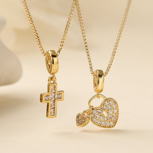 Minimalist Gold Plated Brass Cross and Heart Cubic Zirconia Pendant Necklace for Women