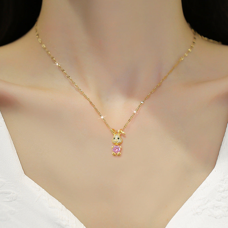 Luxury Rabbit Pendant Clavicle Chain in Titanium Steel with Cubic Zirconia Inlay and Gold Plating