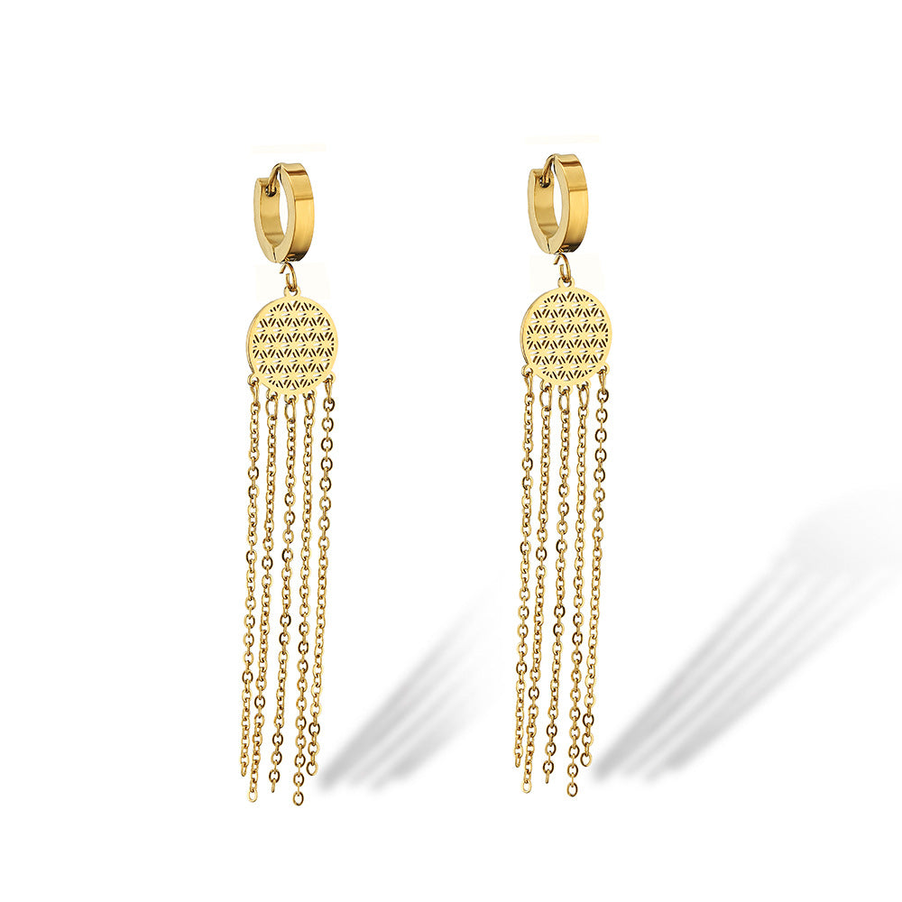 Vintage-Style Tassel Earrings in Titanium Steel with Geometric Tree of Life Design for Women