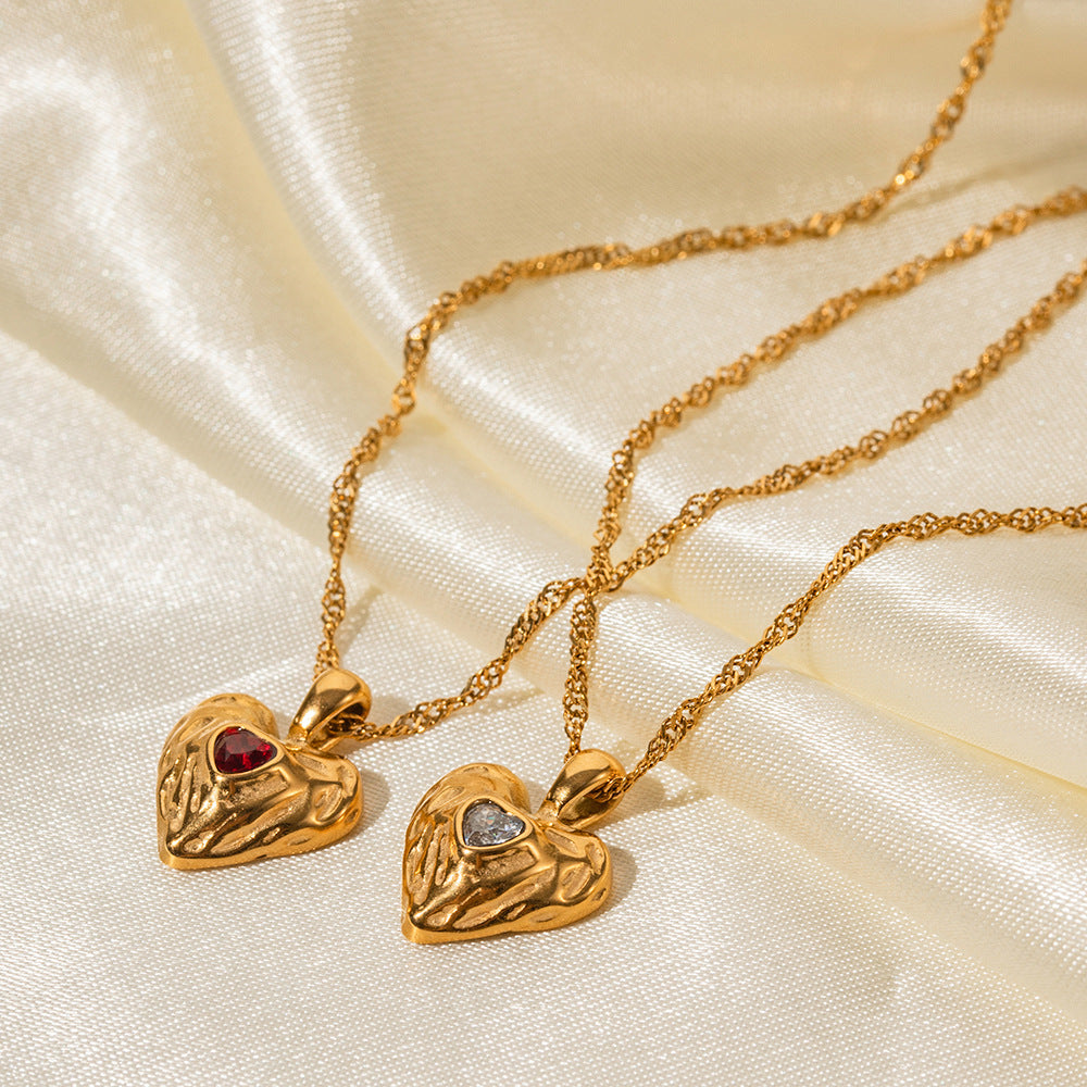 Minimalist Heart-Shaped Titanium Steel Pendant Necklace with 18K Gold Plating and Cubic Zirconia Inlay for Women