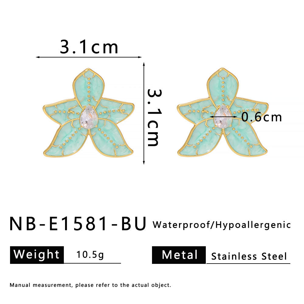 Geometric Style Five-Petal Flower-Shaped Stainless Steel Earrings with Enamel Coloring and Rhinestone Inlay for Women