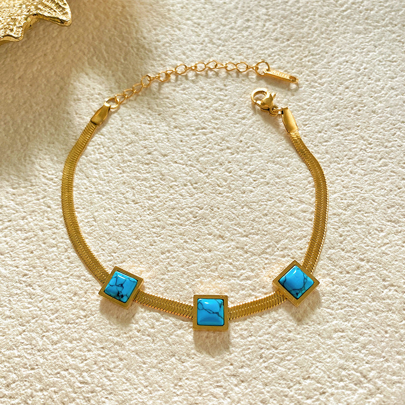 Minimalist Gold Plated Titanium Steel Square Bracelet with Three Turquoise Stones for Unisex