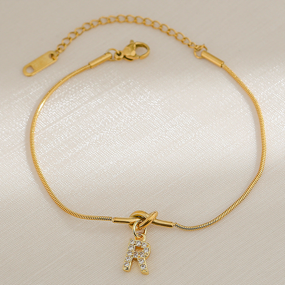 18K Gold Plated Stainless Steel Letter Heart Knot Charm Bar Bracelet for Women