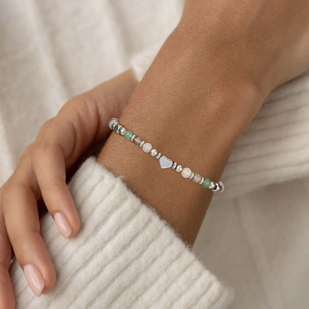 Minimalist Sweet Heart Natural Gemstone Stainless Steel Bracelet for Women
