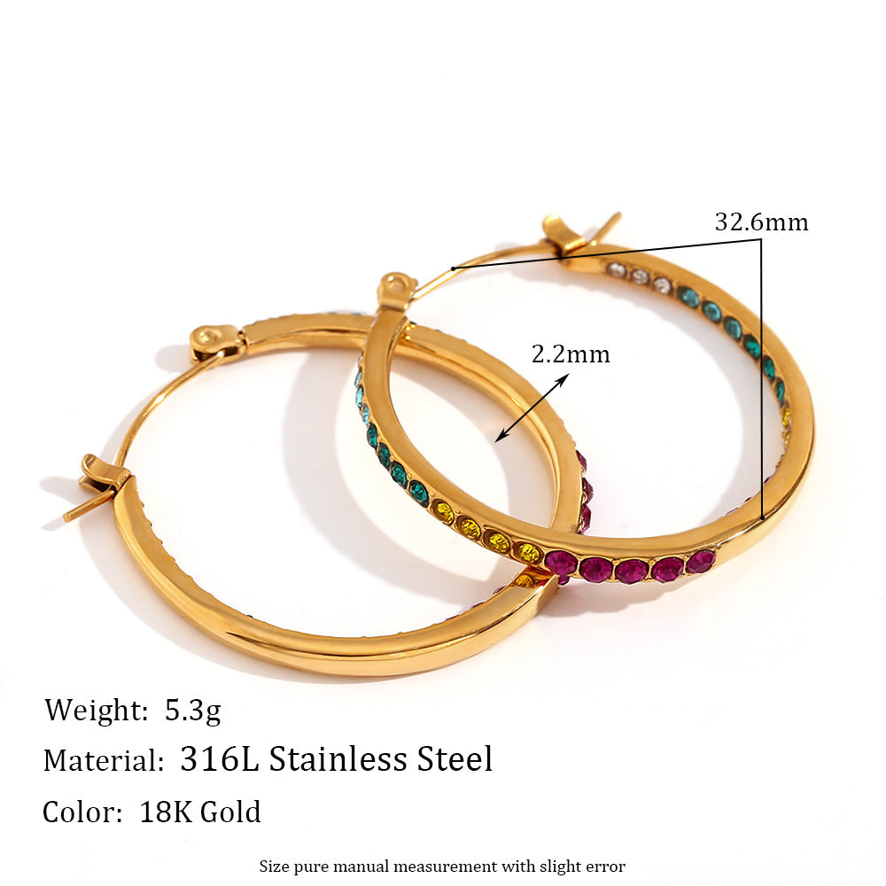 Minimalist Geometric Stainless Steel Earrings with 18K Gold Plating and White Rhinestone Inlay for Women