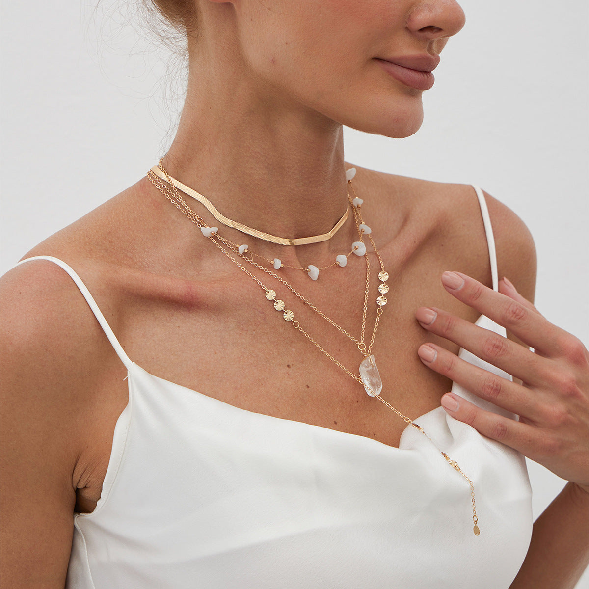 Bohemian Vintage Geometric Round Crystal Plated Brass Multi-layer Snake Chain Necklace for Women