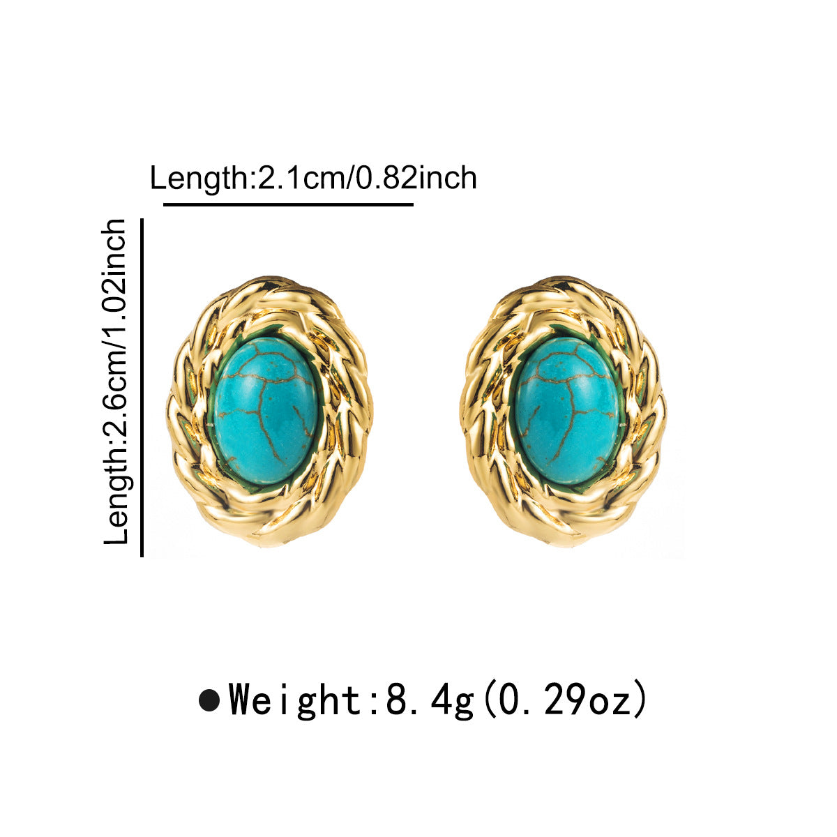 Pendientes de tuerca geométricos minimalistas vintage de acero de titanio con incrustaciones de turquesa y acabado chapado