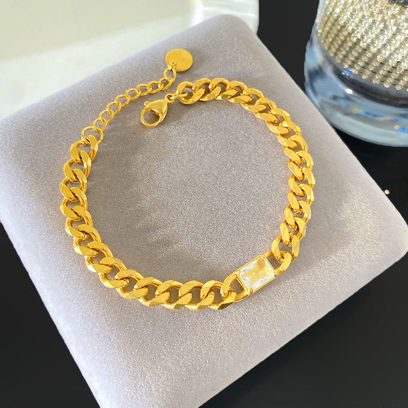 Geometric PVD Gold Plated Stainless Steel Cuban Link Chain Bracelet with Cubic Zirconia