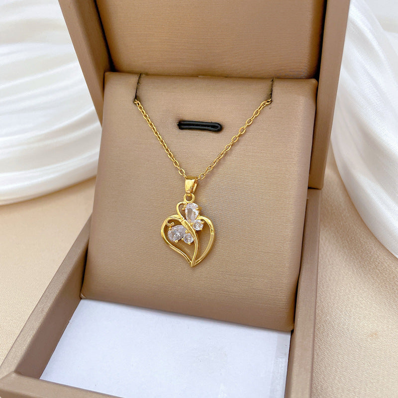 Collar Minimalista de Acero de Titanio con Forma de Corazón y Mariposa con Incrustaciones de Circonita Cúbica para Mujeres y Hombres, Delicada Cadena para Clavícula