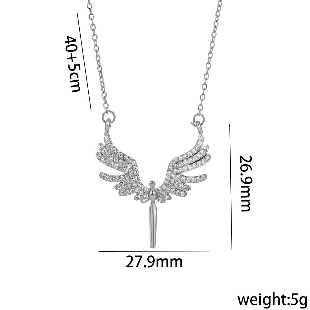 Minimalist Angel Wing Pendant Necklace in Titanium Steel with Micro-Pave Colored Rhinestones on O-Chain