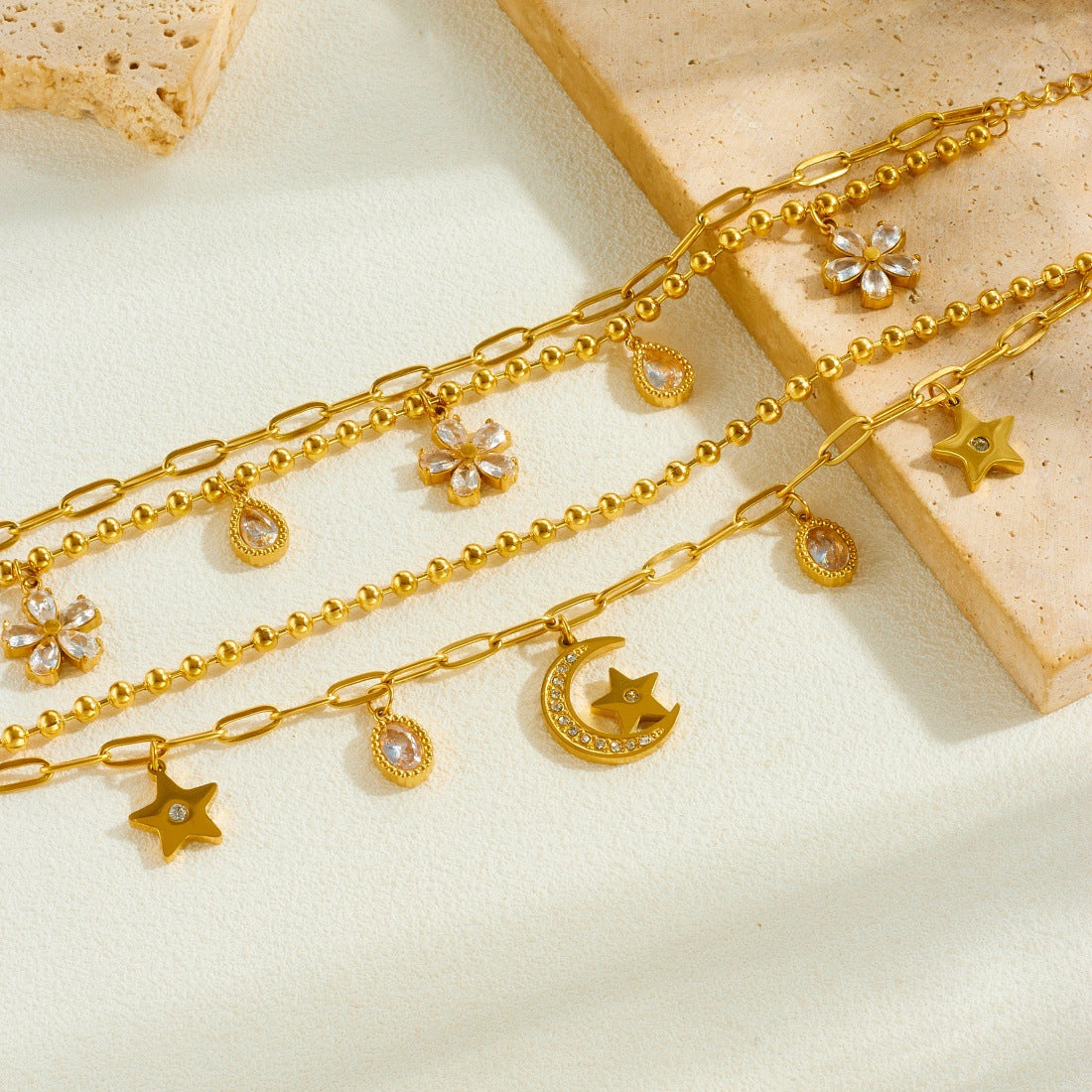 Minimalist Gold Plated Stainless Steel Star Moon Floral Rhinestone Pendant Double Layer Bracelet for Women