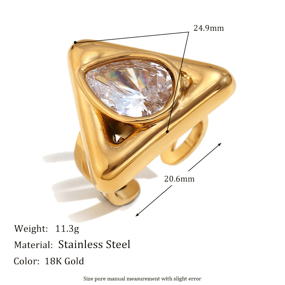 Fashionable Geometric Stainless Steel Ring with 18K Gold Plating and Teardrop Rhinestone Accents for Women