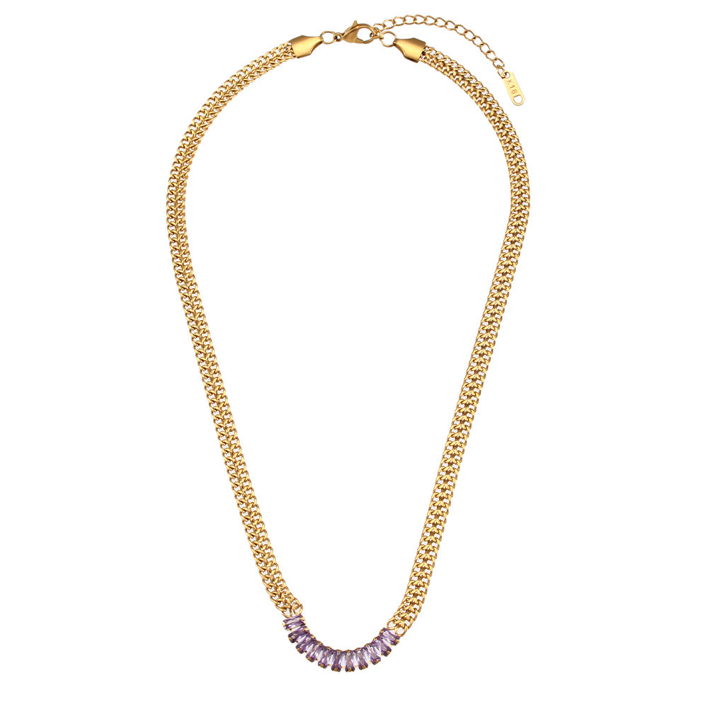 Minimalist Geometric Cuban Link Necklace with Zirconia Pendant and Stainless Steel Chain for Women