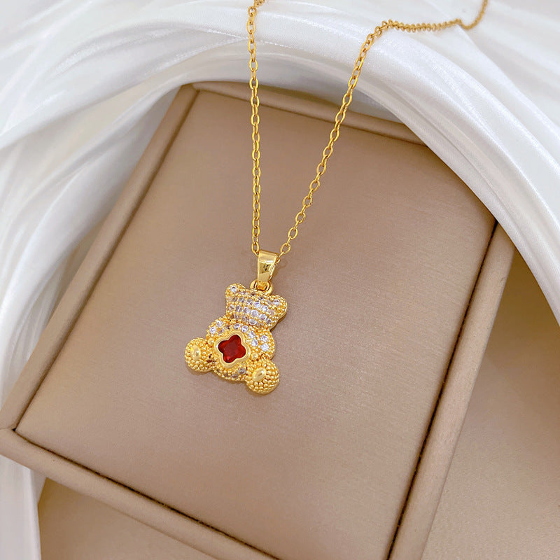 Sweet Cartoon 3D Red Bear Rhinestone Titanium Steel Necklace for Unisex