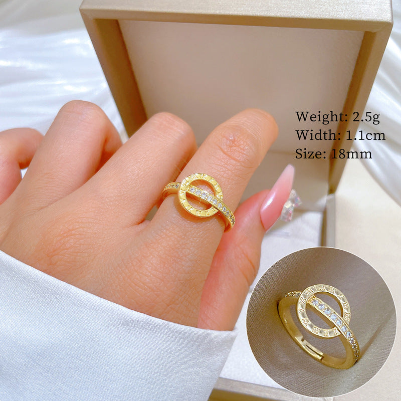 Minimalist Geometric Gold-Plated Brass Open Ring for Women with Crown Shape and Rhinestone Inlay