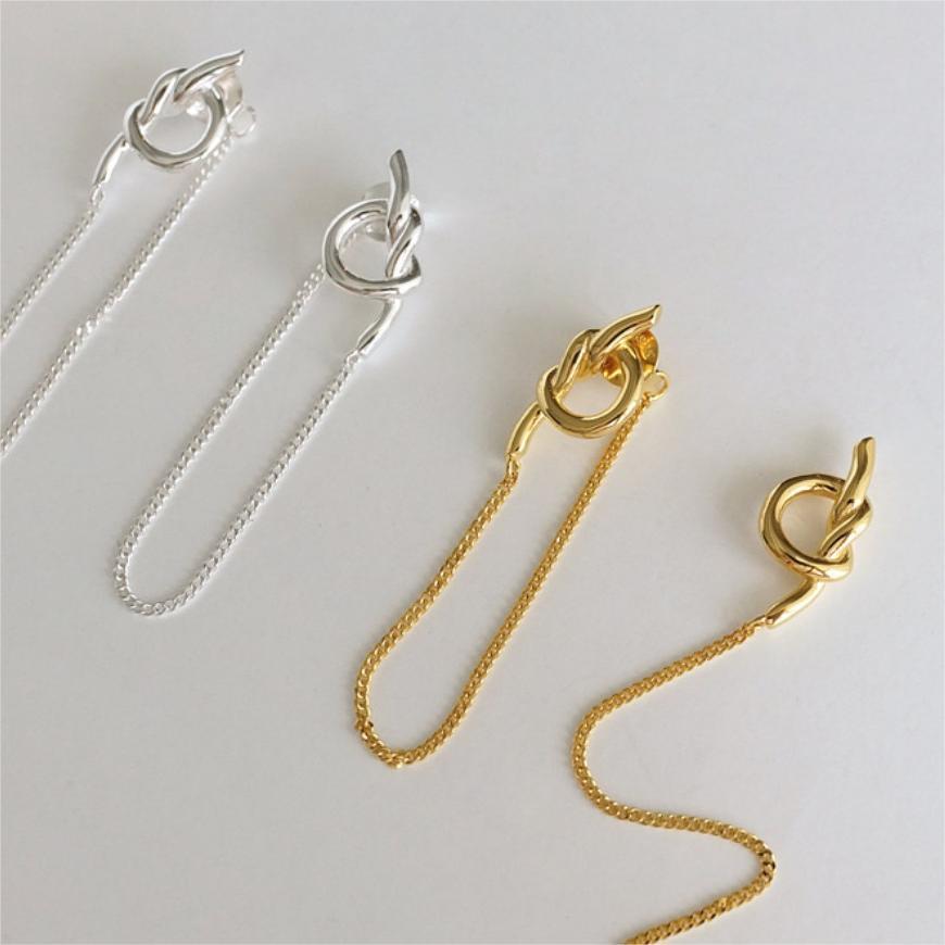Minimalist Korean-Style 925 Sterling Silver Knot Drop Earrings with Geometric Beads and Polished Finish