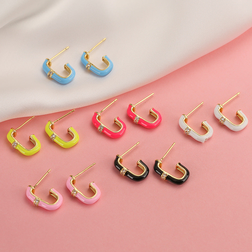 Geometric Candy-Colored Enamel Zirconia Stud Earrings for Women, Minimalist Fashion-Forward Ear Jewelry with Micro-Pave Setting