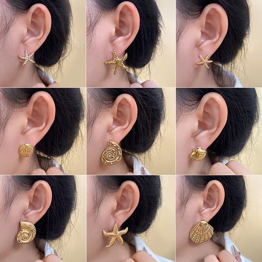 Vintage Minimalist Sweet Seashell Brass Plated Stud Earrings for Women