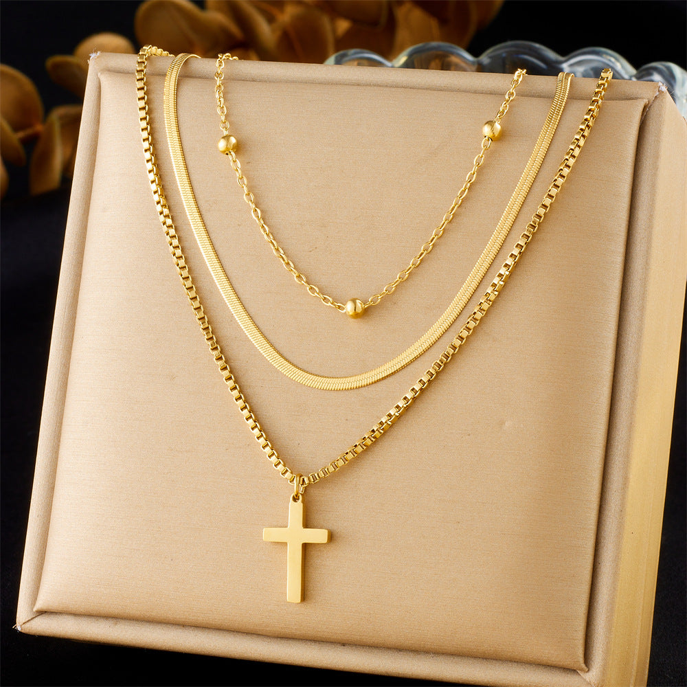 Fashion Gold Plated Cross Stainless Steel Pendant Multi-layer Cable Chain Necklace for Women