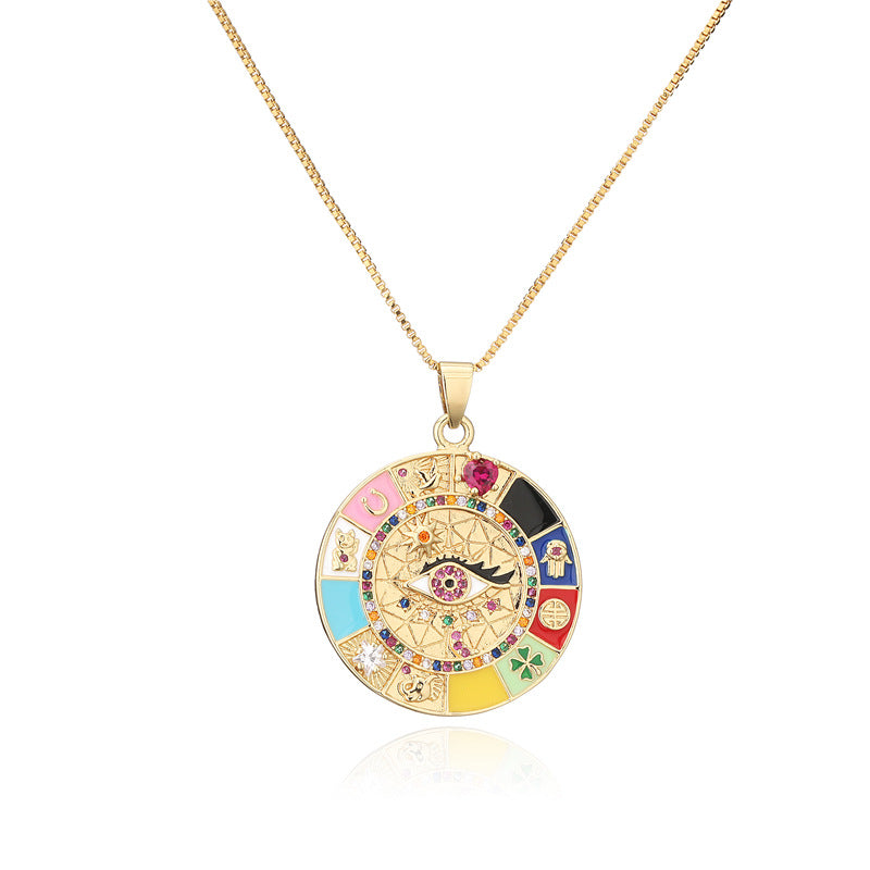 Collana pendente geometrica irregolare stile bohémien da donna con occhi in smalto e zirconi su catena a maglie in rame