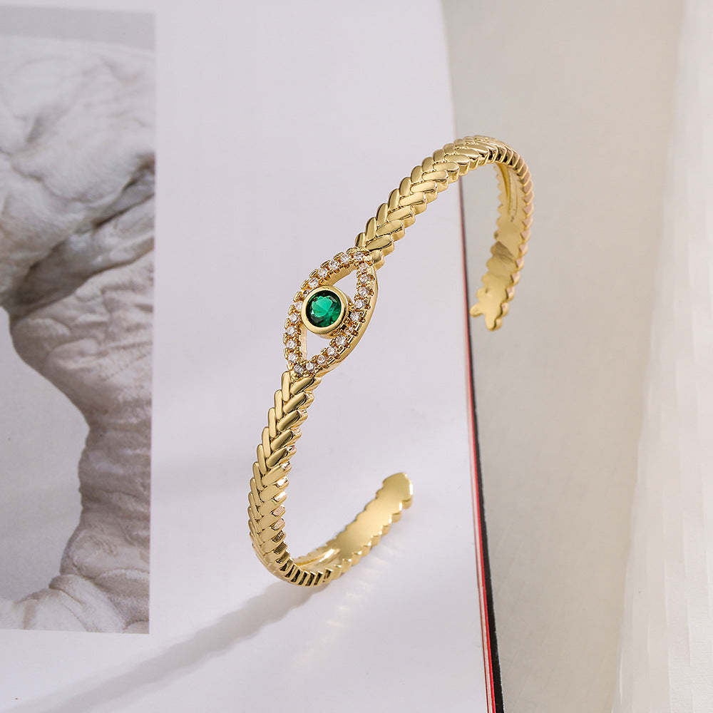 Minimalist Geometric Open Bangle Bracelet for Women Made of Brass with Real Gold Plating and Micro-Pave Setting